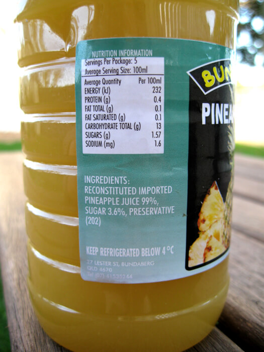 Bundy juice pineapple. Ingredients: reconstituted imported pineapple juice 99%, sugar 3.6%, preservative (202).