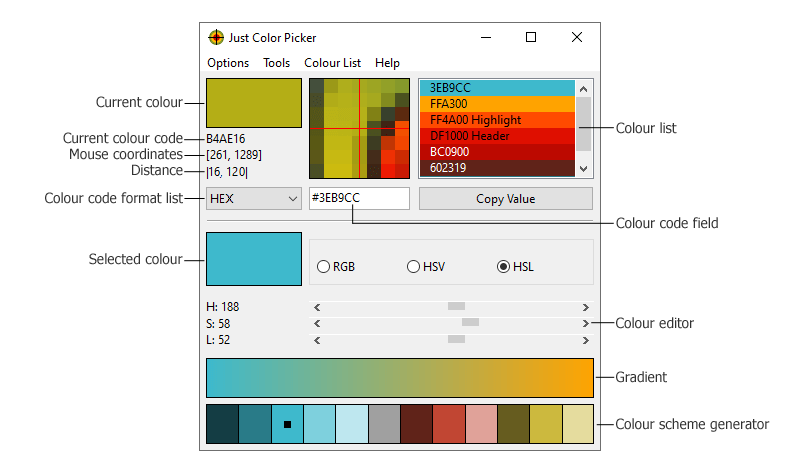 Just Color Picker main window, with comments 